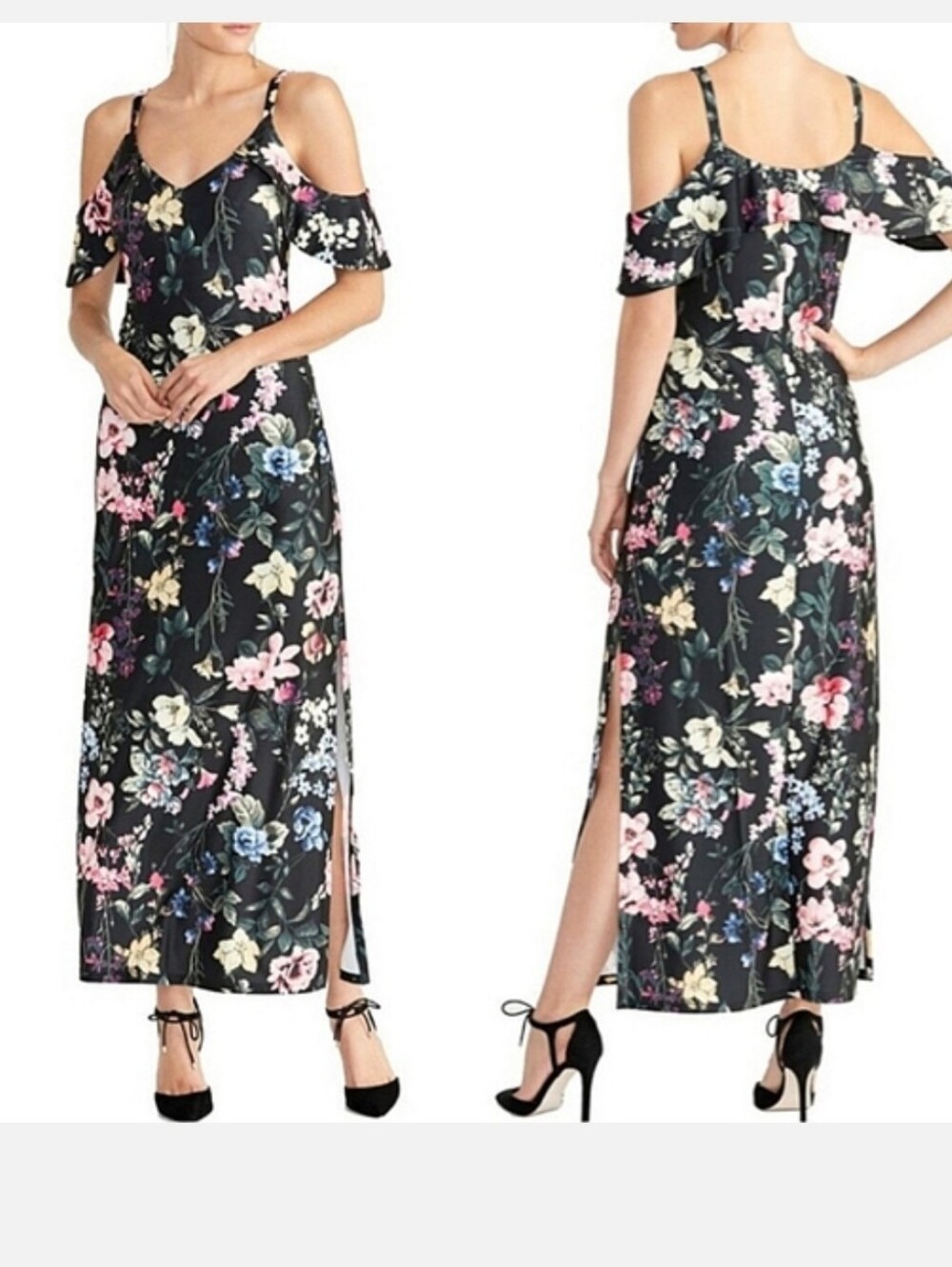 Rachel Roy NWT XL Black Floral Cold Shoulder Maxi Slip Dress $138
